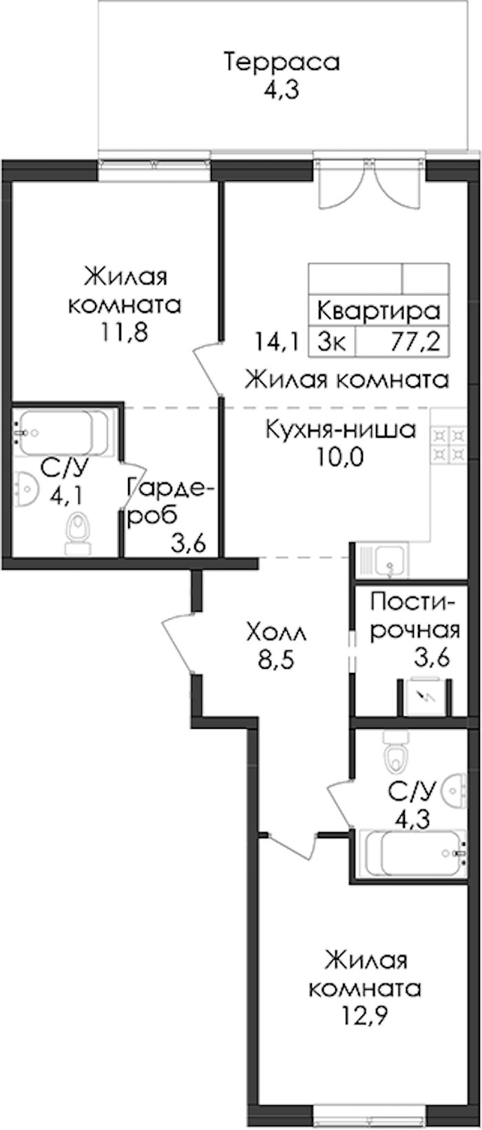 2-комнатная квартира 77.2 м², 1/9 эт., ЖК «Лермонтовский 54»